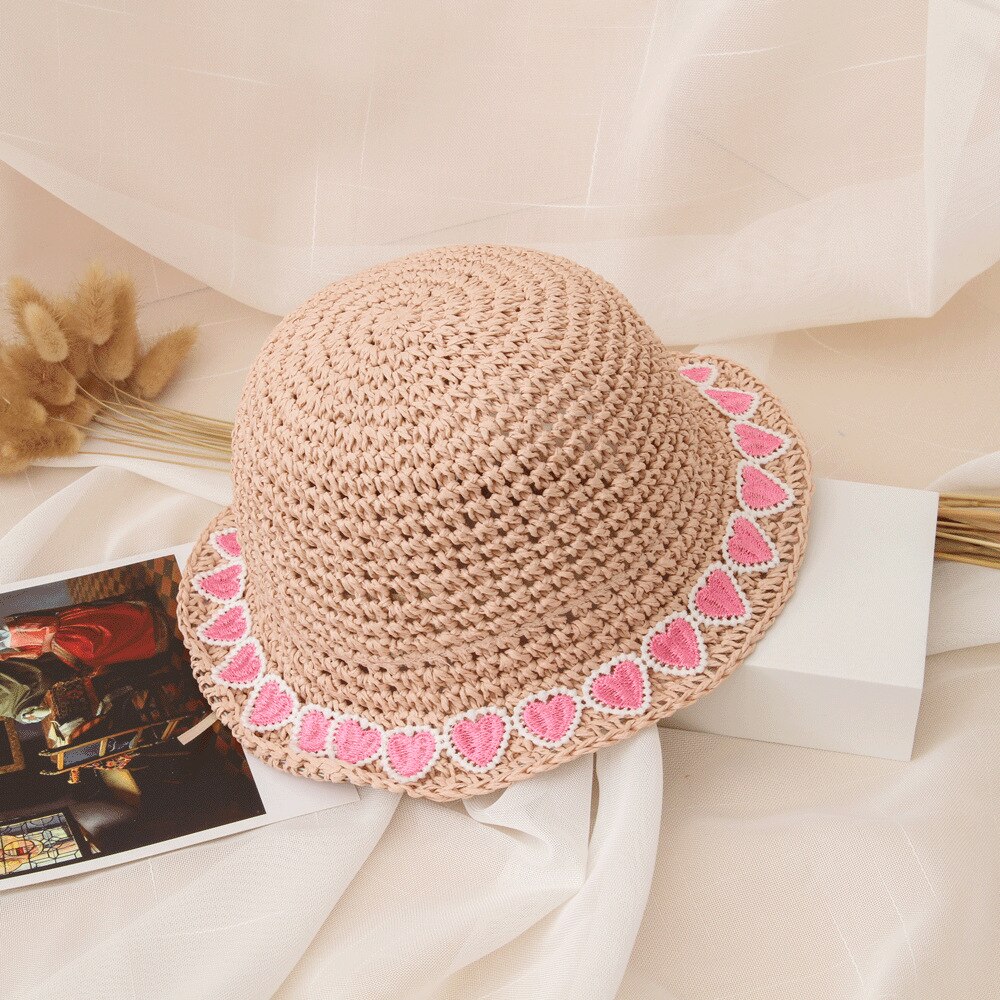 Zomerhoed Kinderen - Cartoon Hart - Strohoed - Zonnebescherming - Casual Strandaccessoires: Roze