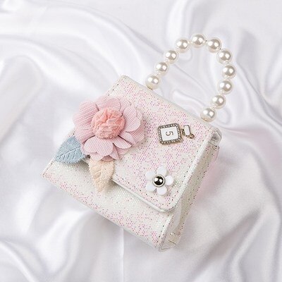 Mini bolso de mano de cuero con perlas para niñas, bandolera pequeña de princesa, monedero pequeño, ,: WHITE