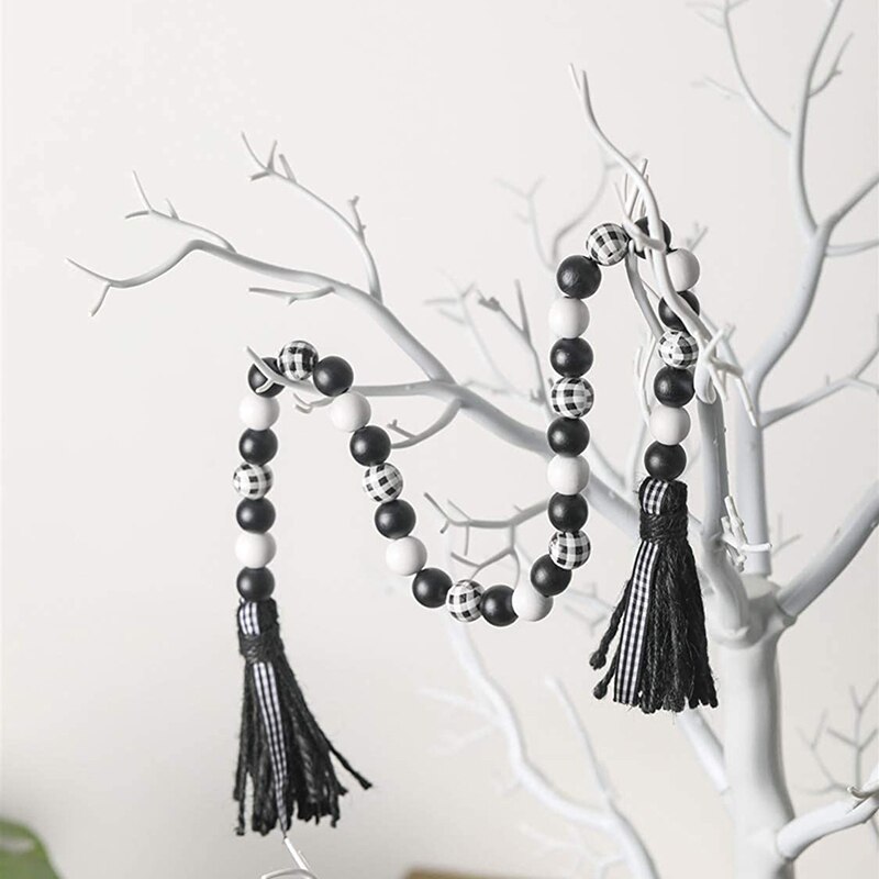 Guirlande de perles en bois avec glands, décorations de noël à plusieurs niveaux, plateau rustique, noire, perle en bois blanche avec gland à carreaux