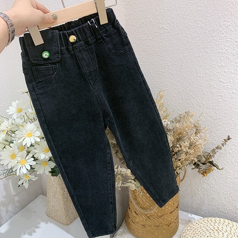 Baby pige denim bukser efterår børns højtaljede jeans børn drenge afslappede cowboy bukser småbørn bukser baby jeans 2-7y: Sort / 3t