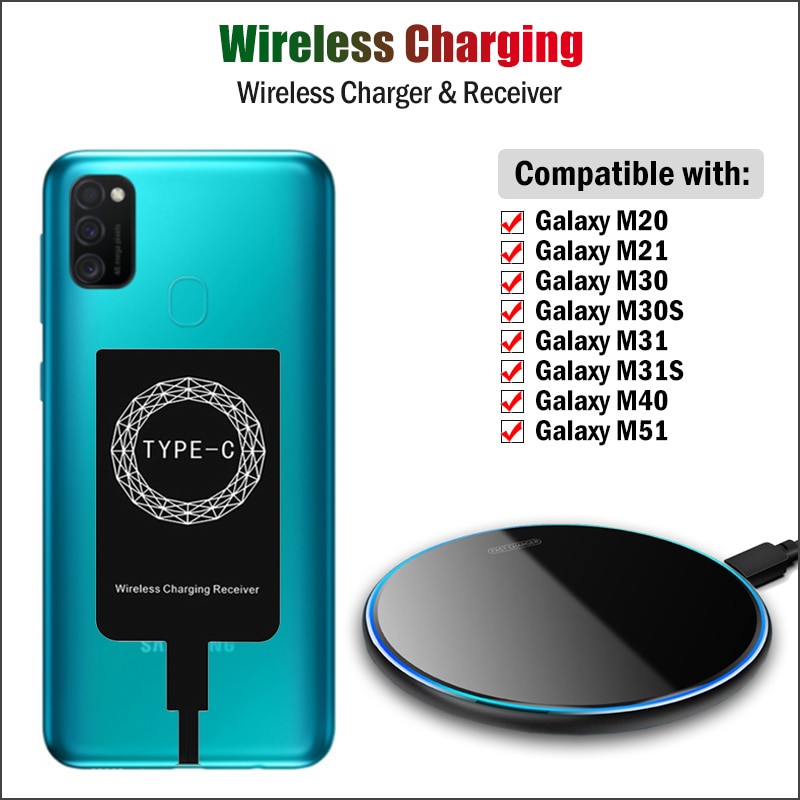 Wireless Charging for Samsung Galaxy M20 M30 M40 M21 M31 M51 M30S M31S Wireless Charger+Qi Receiver USB Type-C Charging Adapter