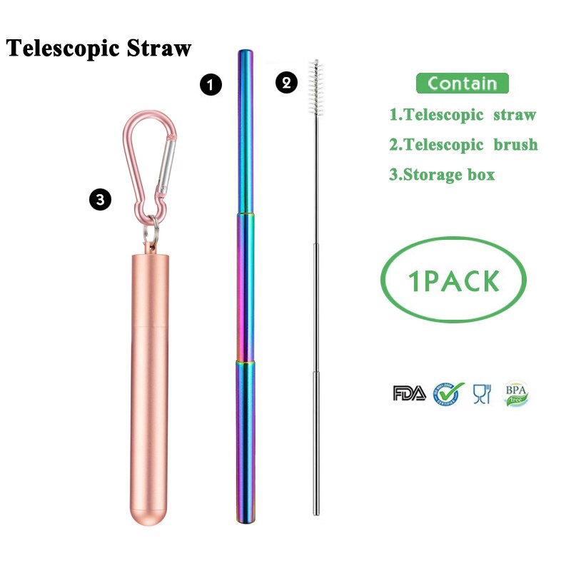 Telescopic Metal Drinking Straw Collapsible Reusable Straw Portable Stainless Steel Straw with Case and Brush for Travel Outdoor: T-straw 1