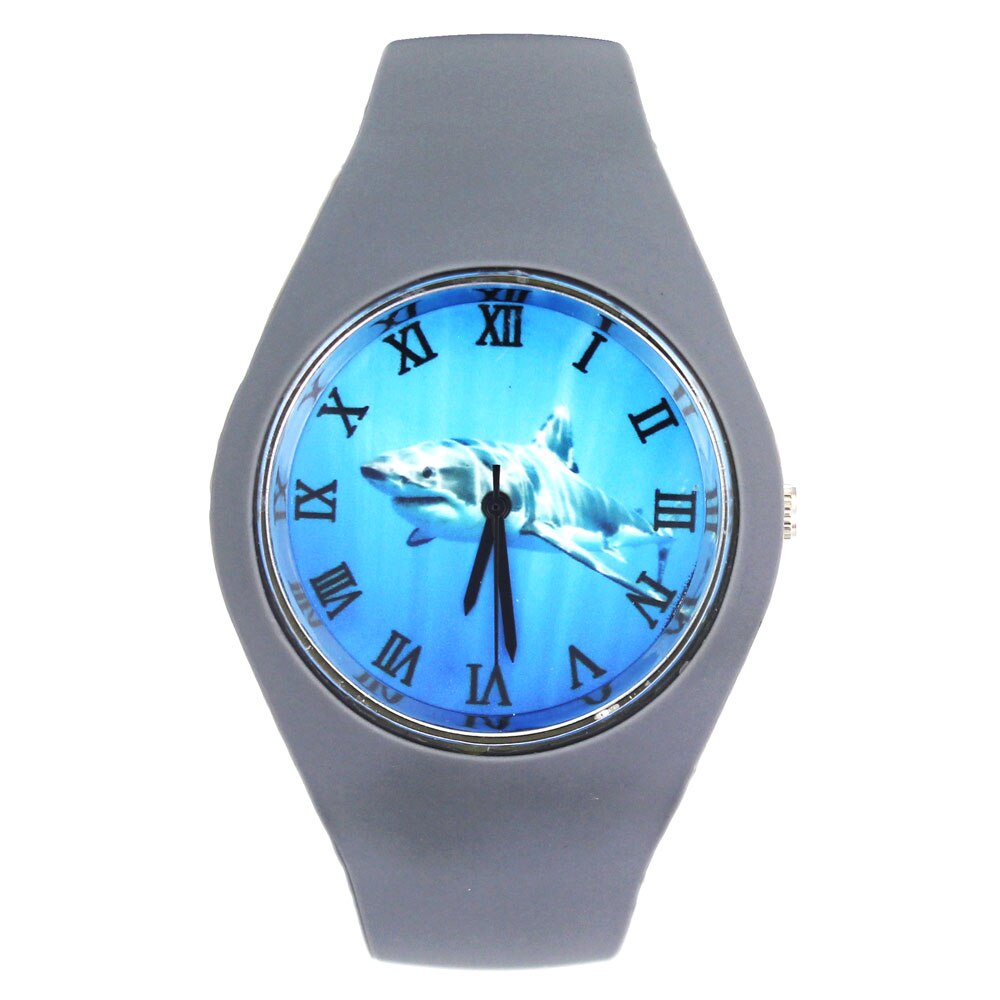 Grote Witte Haaien Vis Haai Aanvallen Patroon Vrouwen Mannen Mode Siliconen Band Sport Quartz Horloge: Grey