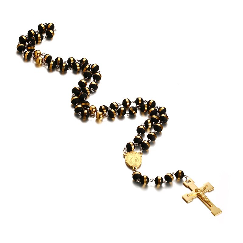 Mænd, kvinders rustfrit stål vedhæng halskæde guld tone sort jomfru mary jesus christ crucifix kors rosenkrans 30 tommer kæde