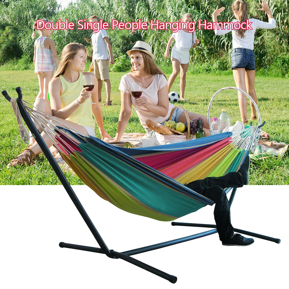 Portable Canvas Hammock Thicken Stripe Double Single People Hanging Hammock Travel Camping Sleeping Bed Outdoor Furniture