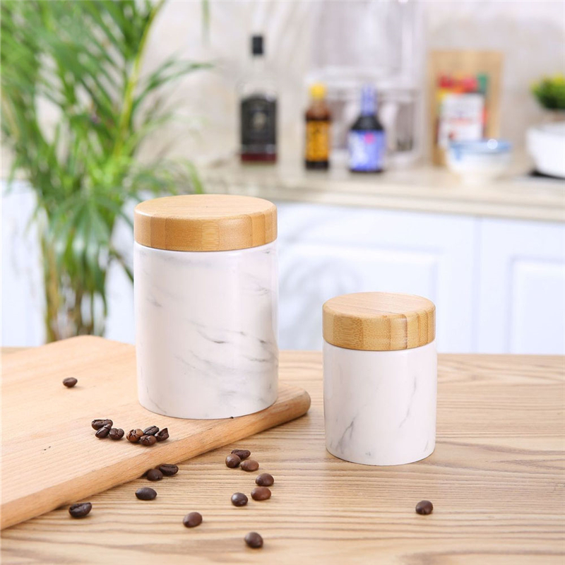 2Pcs Marmer Keramische Verzegelde Potten En Bamboe Deksel Keuken Opslag Kan Bulk Container Voor Kruiden Voedsel Spice Koffie Suiker flessen