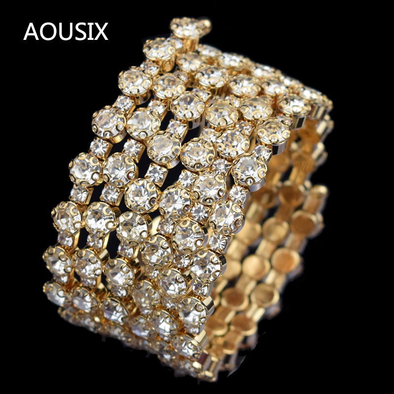 3/6 Rijen Crystal Goud Zilver Plated Armbanden En Armbanden Voor Vrouwen Strass Stretching Bangle Bovenarm Armband Jewelr