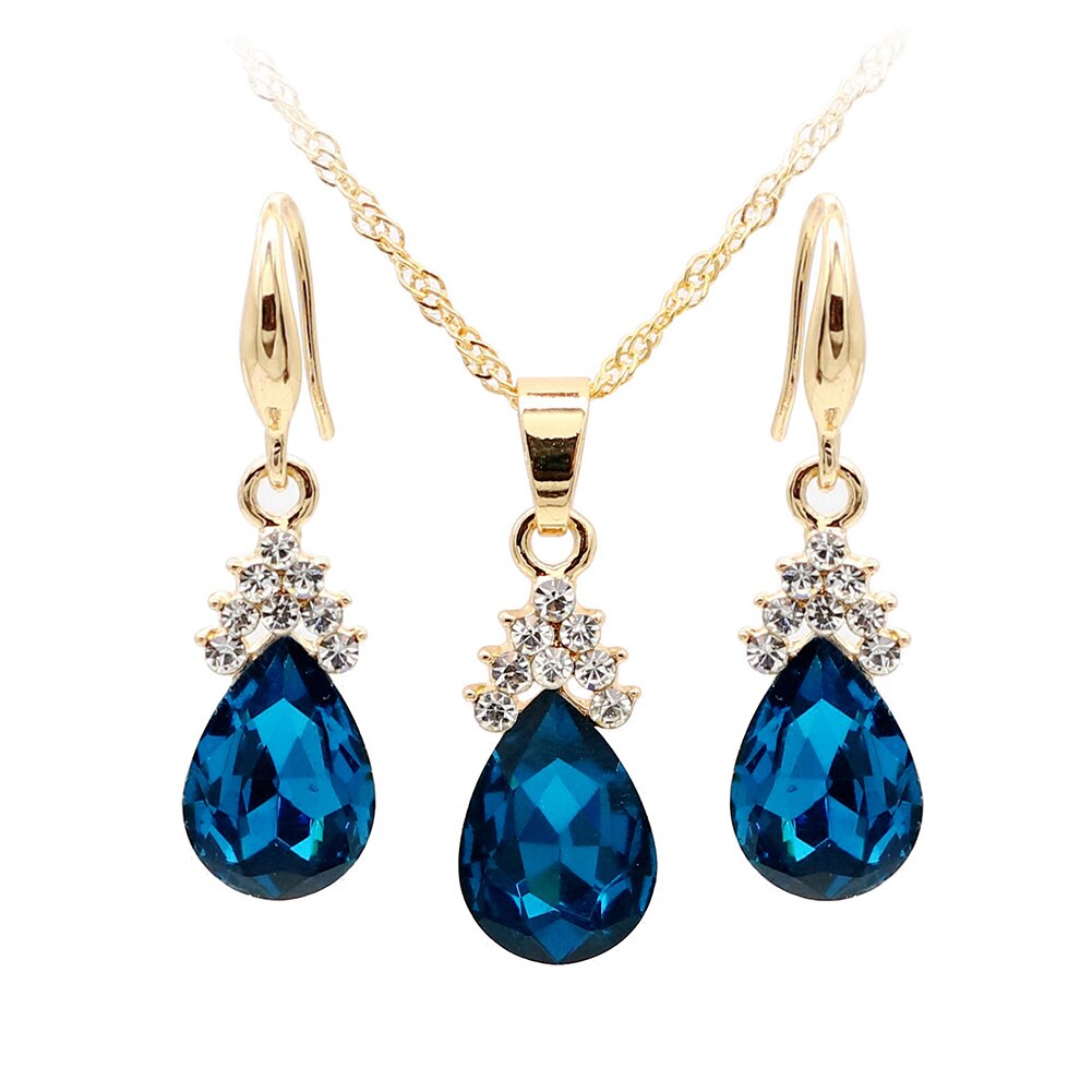 Vintage Teardrop Strass Frauen Schmuck Set Halskette Haken Ohrringe Anhänger: Lake Blue