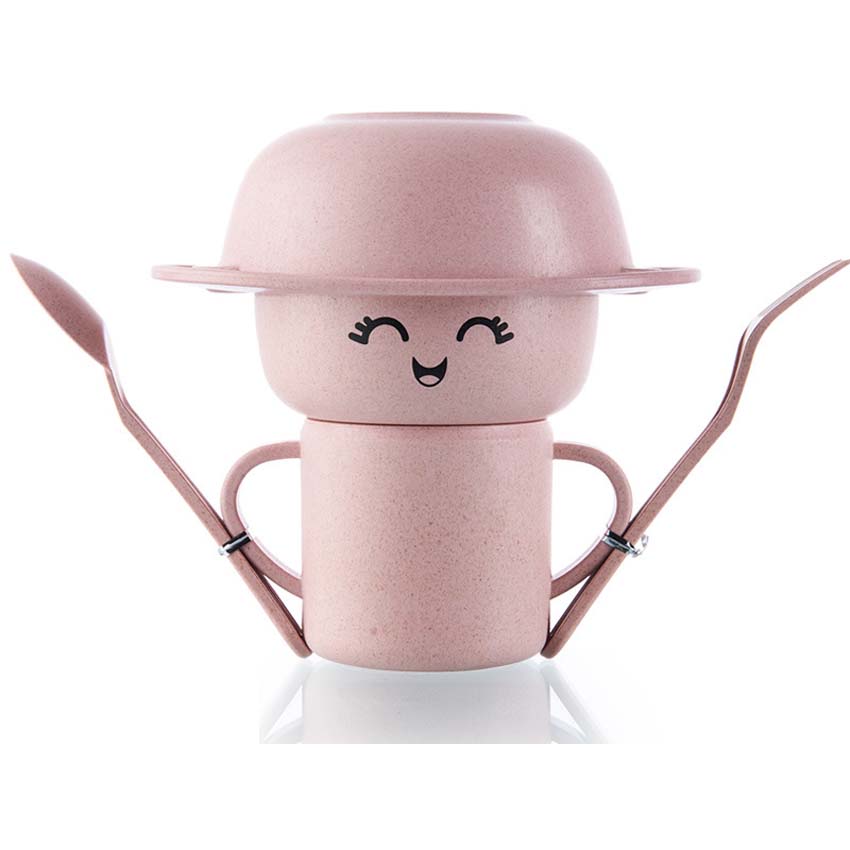 5Pcs Child Tableware Wheat Straw Sange Snack Tray with Spoon Fork Cup Skid Platter Tableware Baby Eating Supplies Beautiful Tray: Pink Stand Man Set