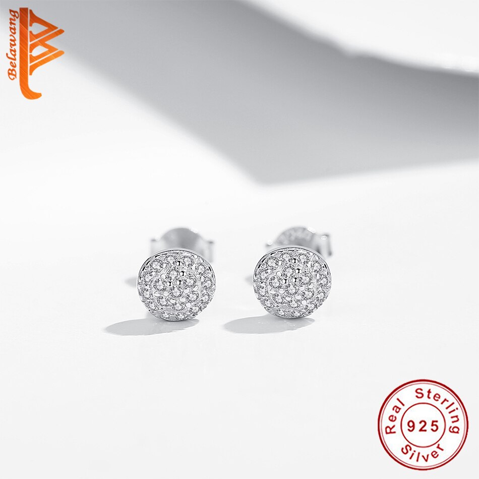 Belawang 925 Sterling Zilver Cz Kristal Eenvoudige Stud Oorbellen Sieraden Voor Vrouwen Cirkel Ronde Zilveren Oorbellen Sieraden Bijoux