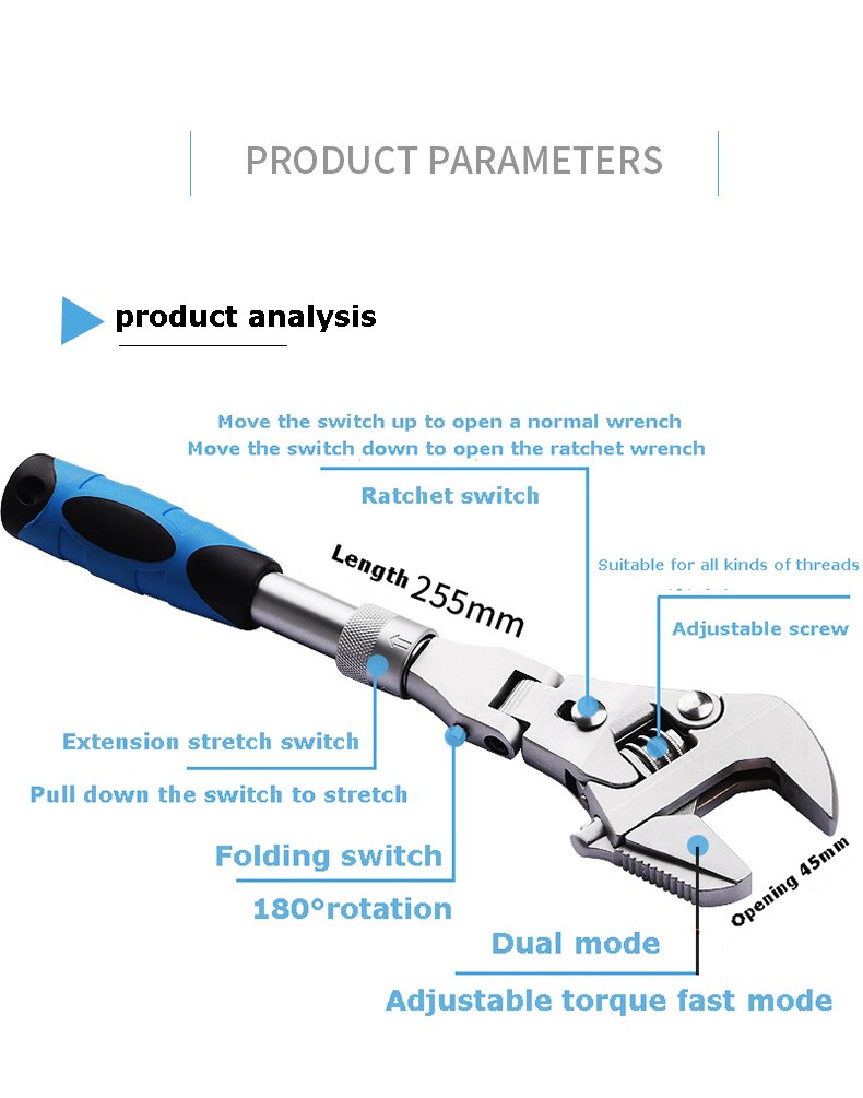 10 inch Ratchet Adjustable Wrench Torque Wrench Can Rotate and Fold 180 Degrees Fast Wrench Pipe Wrench Bathroom repair tools