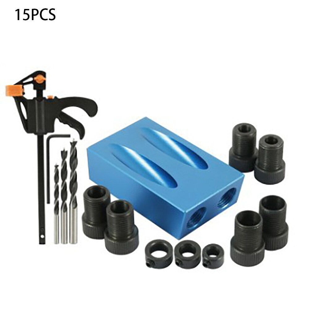 15 Degree Angle Woodworking Oblique Hole Locator Pocket Jig Kit Drill Guide Set Hole Puncher DIY Carpentry Tools Bits: 15 piece set