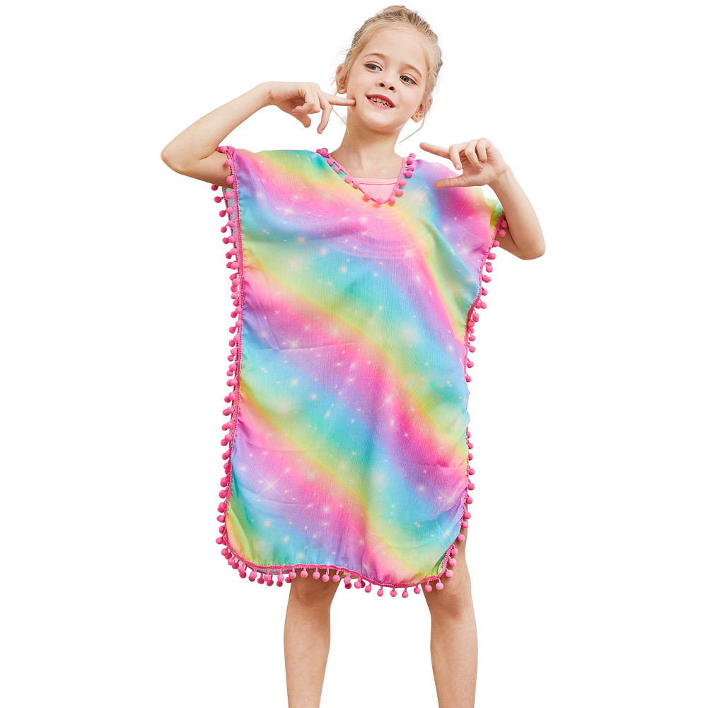 Fioday Neue Sommer Mädchen Abdeckung-ups Badeanzug Weiche Wraps Strand Kleid Top mit Pompom Quaste Chlid Strand Casual Badeanzüge beachwear: 01 / 4T