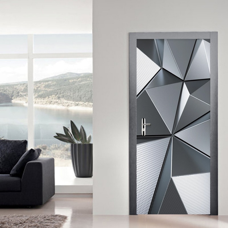 3D Door Murals Wallpaper Modern Geometric Imitation Metal Texture Door Sticker PVC Self-Adhesive Waterproof Door Poster 3D Decal
