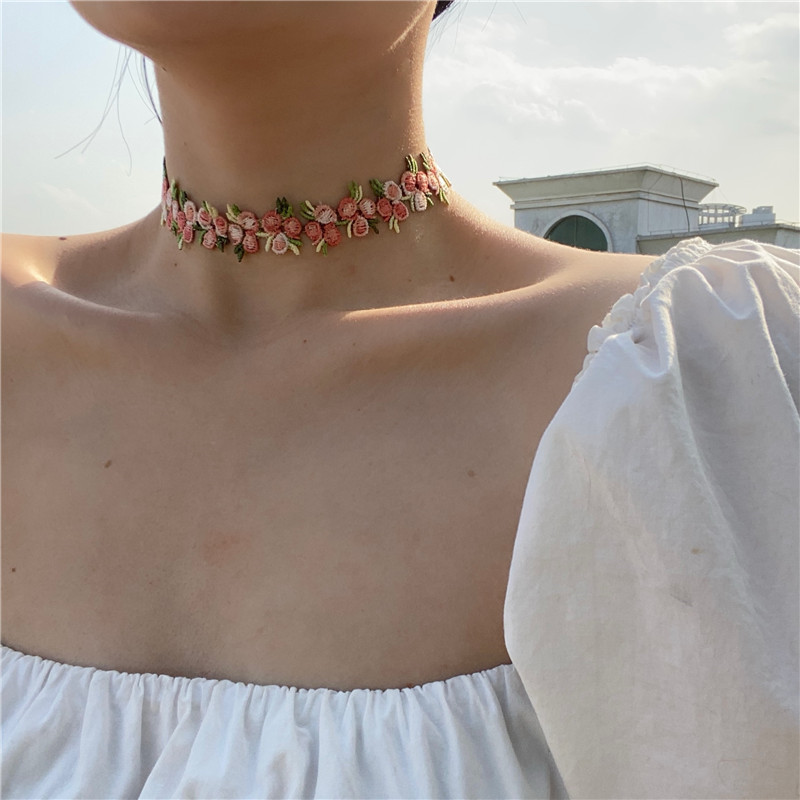 Kpop sød romantisk choker lyserød forårstrik blomst rose halskæde til kvinder piger fest smykker