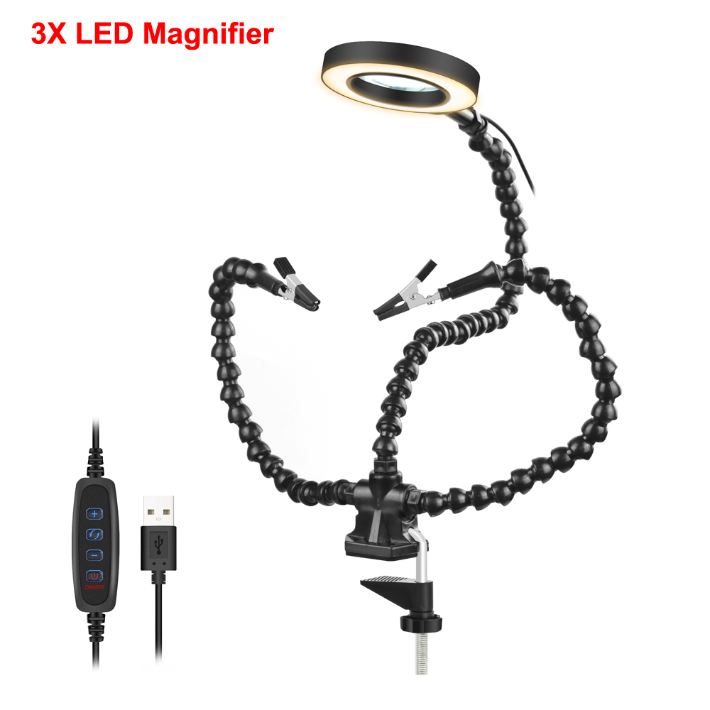 NEWACALOX Soldering Iron Holder PCB Clip Welding Repair Fixture Tool USB 3X LED Magnifier Soldering Flexible Arm Third Hand: SN3BK-USB