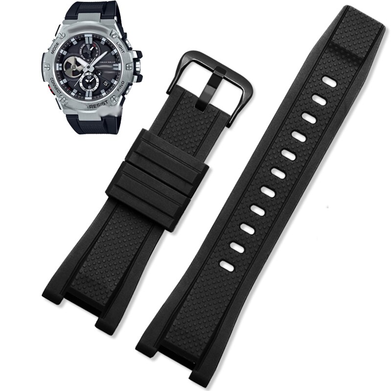 Gummi klokkerem for c-asio g-shock gst -210/w300/400g/b100 vanntett silikon stropper tilbehør 26*14mm: Svart-svart lås