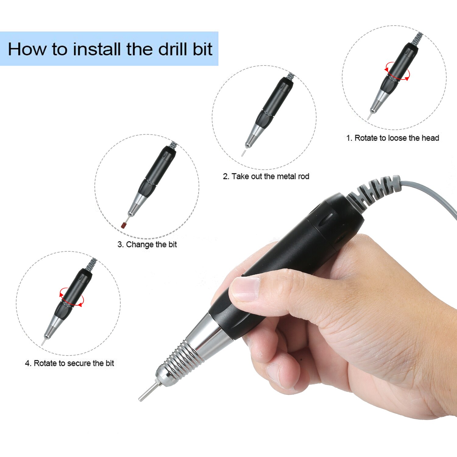 Perforador de uñas eléctrico , herramienta para arte de uñas, pluma con mango, accesorios artísticos para uñas, manicura y pedicura