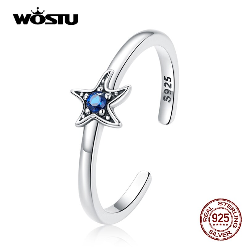WOSTU 925 Sterling Splitter Ozean Seestern Einstellbare Ringe Dunkelblau Zirkon Finger Offenen Ring Für Weibliche Original Schmuck CQR818