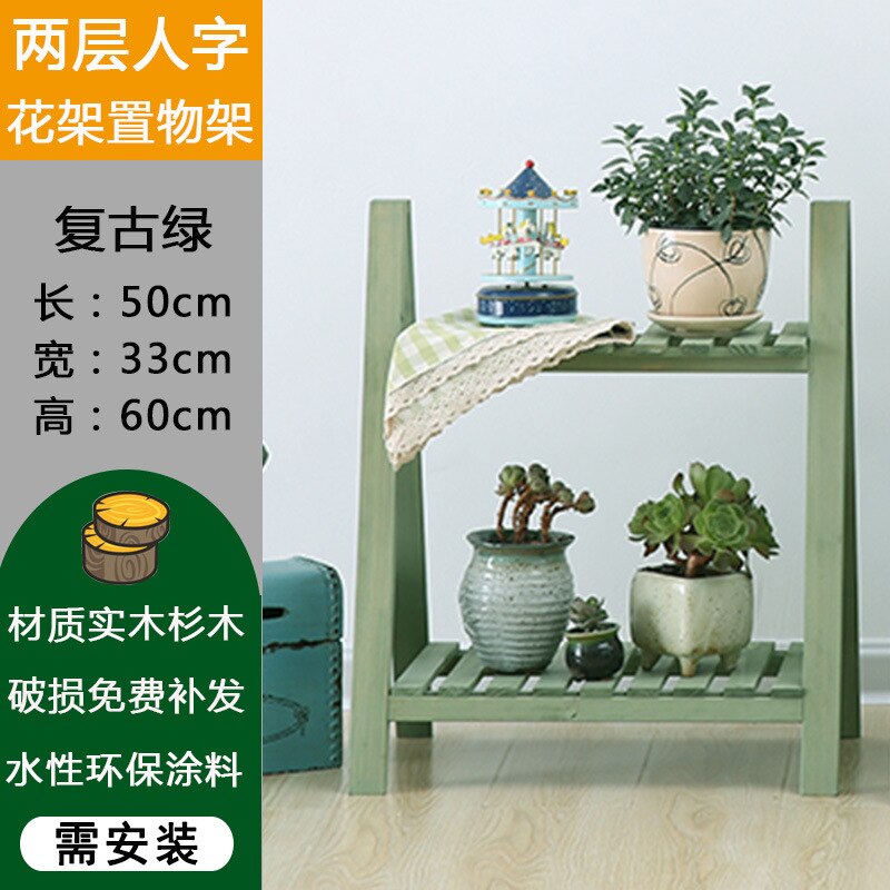 Multi Schichten fest Holz Pflanze Stand Mediterranean Jahrgang Pflanze Regal Pult Blume Gestell Blume Stand Garten Stand Lager Gestell: 2-Schicht Grün A