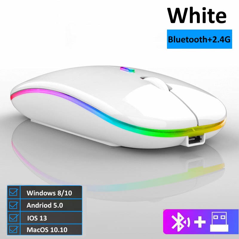 RGB 2.4G Wireless Mouse Bluetooth Mouse Gamer Rechargeable Computer Mouse Wireless USB Ergonomic Mause Silent Mice For Laptop PC: Bluetooth RGB White