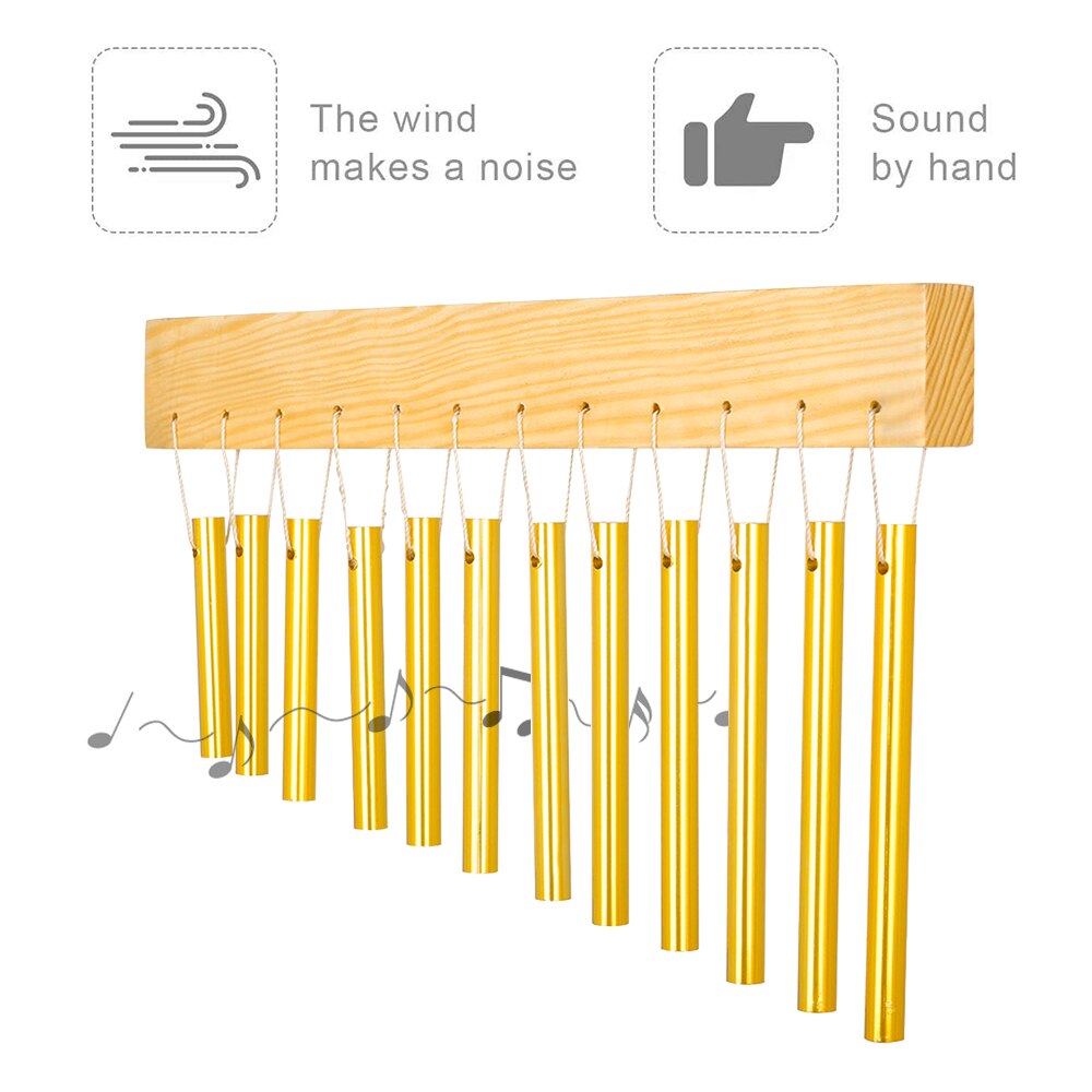 12- bar vindklokke aluminiumsrør & massivt træ materiale percussioninstrument til udvendige dekorationer i haven med mallet guld