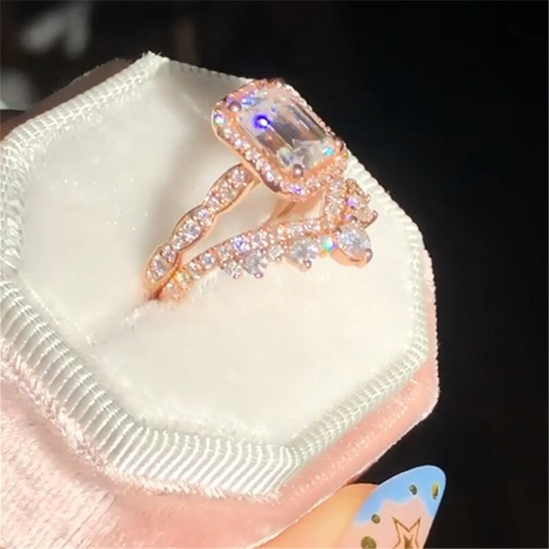 2 stk / sæt kvinder luksus firkantet skåret krone ring rhinestone indlagt ring udsøgt brude forlovelsesring sæt fest smykker