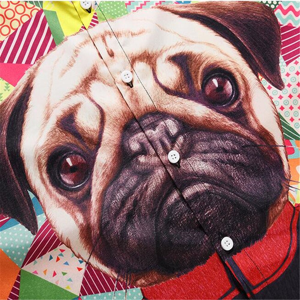 Mannen Pug Hond Korte Mouwen Print Shirt Plus Size Toevallige Stand Kraag Losse Overhemd Strand Overhemd Zomer