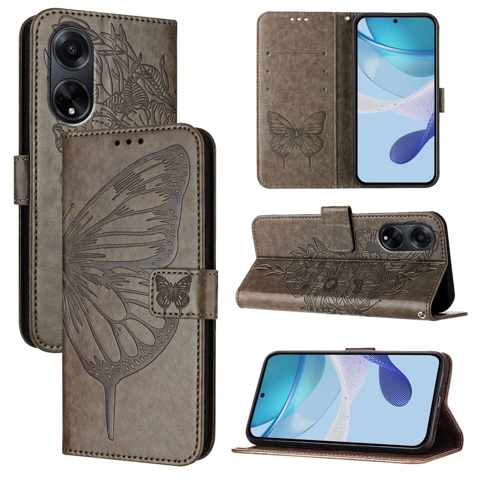 Étui portefeuille à rabat en cuir PU pour Oppo A60 4G, coque de téléphone, porte-cartes papillon, pour OPPO A60 A38 A18 4G A98 5G: EVA / GRIS