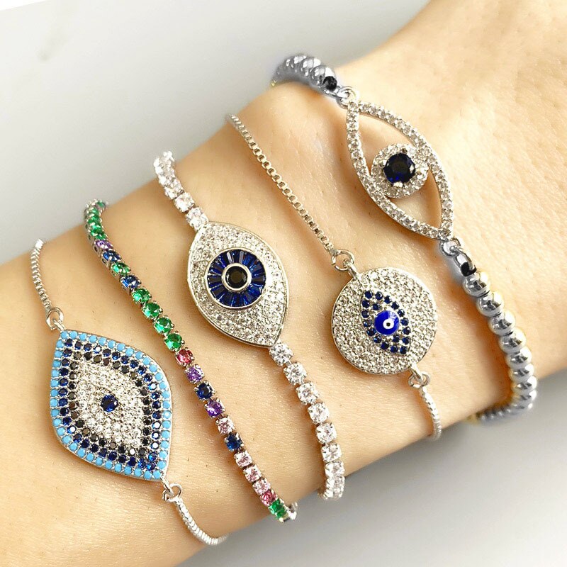 Blue Evil Eye Armband Voor Vrouwen Regenboog Turkse Kraal Koperen Inlay Zirkoon Vintage Kristal Armband Bruiloft Sieraden