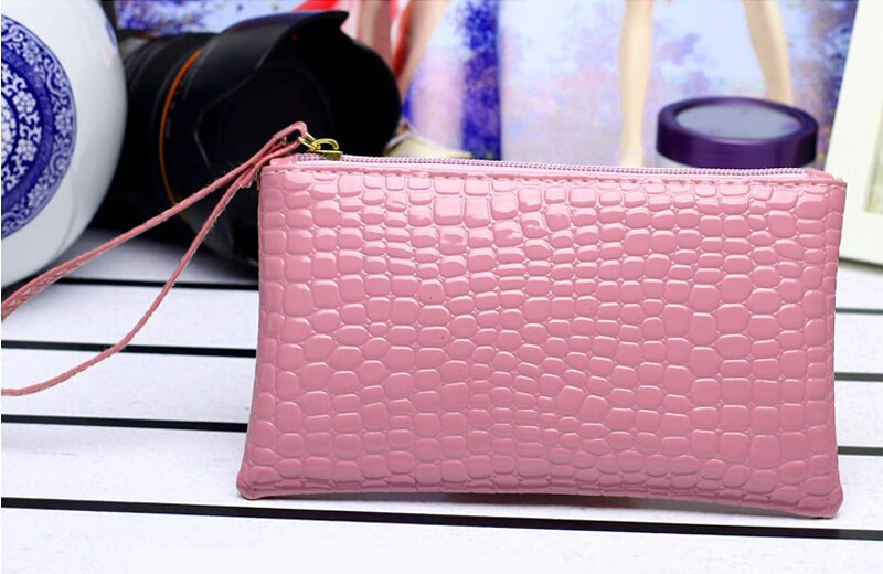 Kvindelig pu møntpung krokodille mønster kobling taske tegnebog med lynlås mobiltelefon håndtaske enkel solid for kvinder: Lavendel