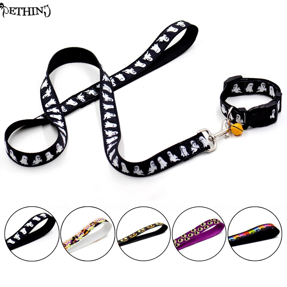 Halloween huisdier halsband + leash sets met bell verscheidenheid van Halloween patroon supply voor hond pet collar leash met pompoen bel