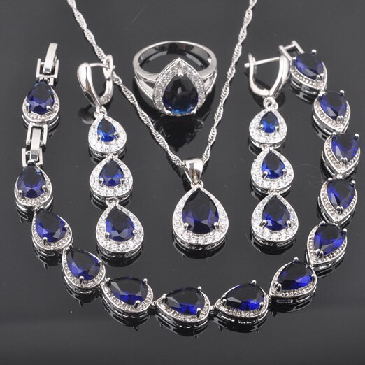 Zilverkleurige blauwe zirkonia water voor dames sieraden sets armband ketting hanger oorbellen ring  qs0180: 10