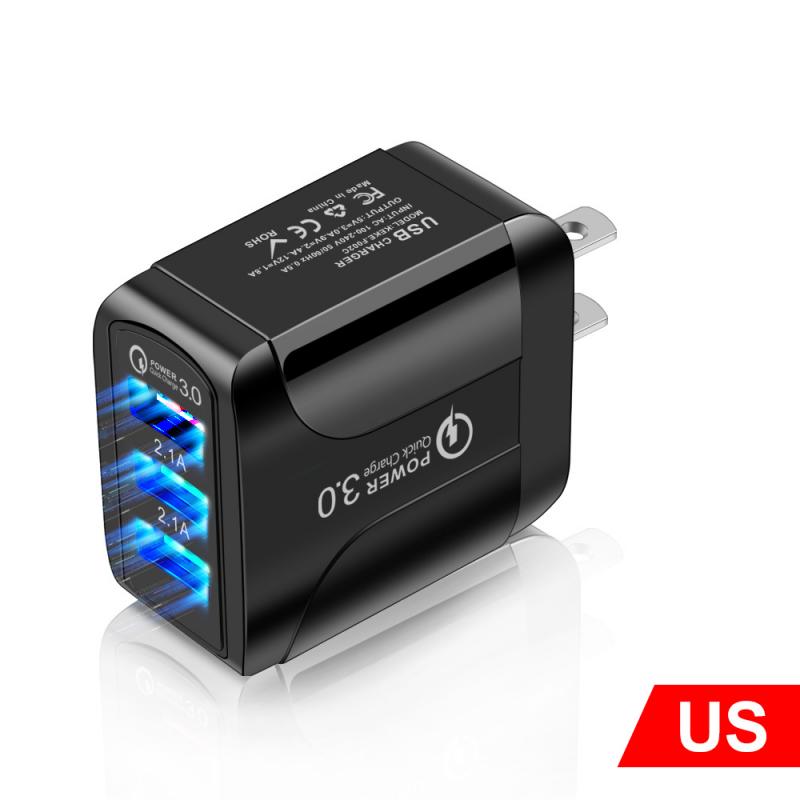 Cargador luminoso 3USB 2.4A para teléfono inteligente, cargador de paso para tableta, cargadores de teléfono móvil, telecomunicaciones: US black
