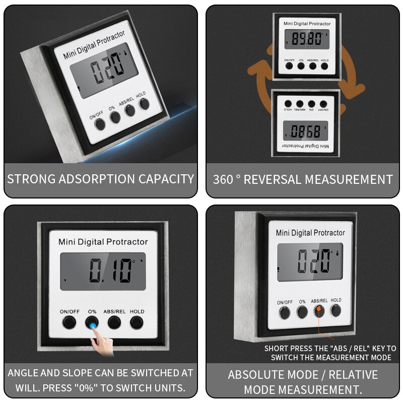 Stainless Steel Digital Inclinometer Single-sided Magnetic Mini Inclinometer Box Gradient Level Meter Tilt Angle Measuring Ruler