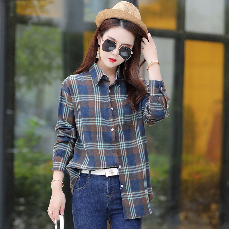 Herfst Plaid Shirts Womens Blouses Losse Lange Mouw Lady Plus Size Tops Gecontroleerd Vrouwelijke Kleding Uitloper Met Pocket xxl