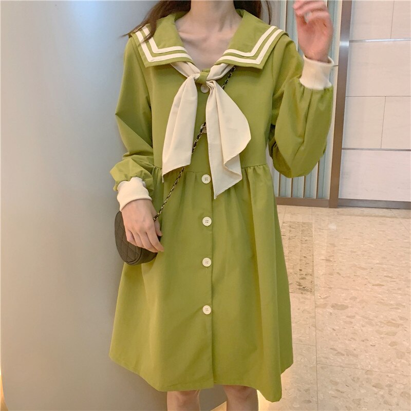 Primavera jk cuello marinero estilo universitario Vestido de manga larga femenina dulce estudiante suave suelta versión coreana de la falda japonesa tide