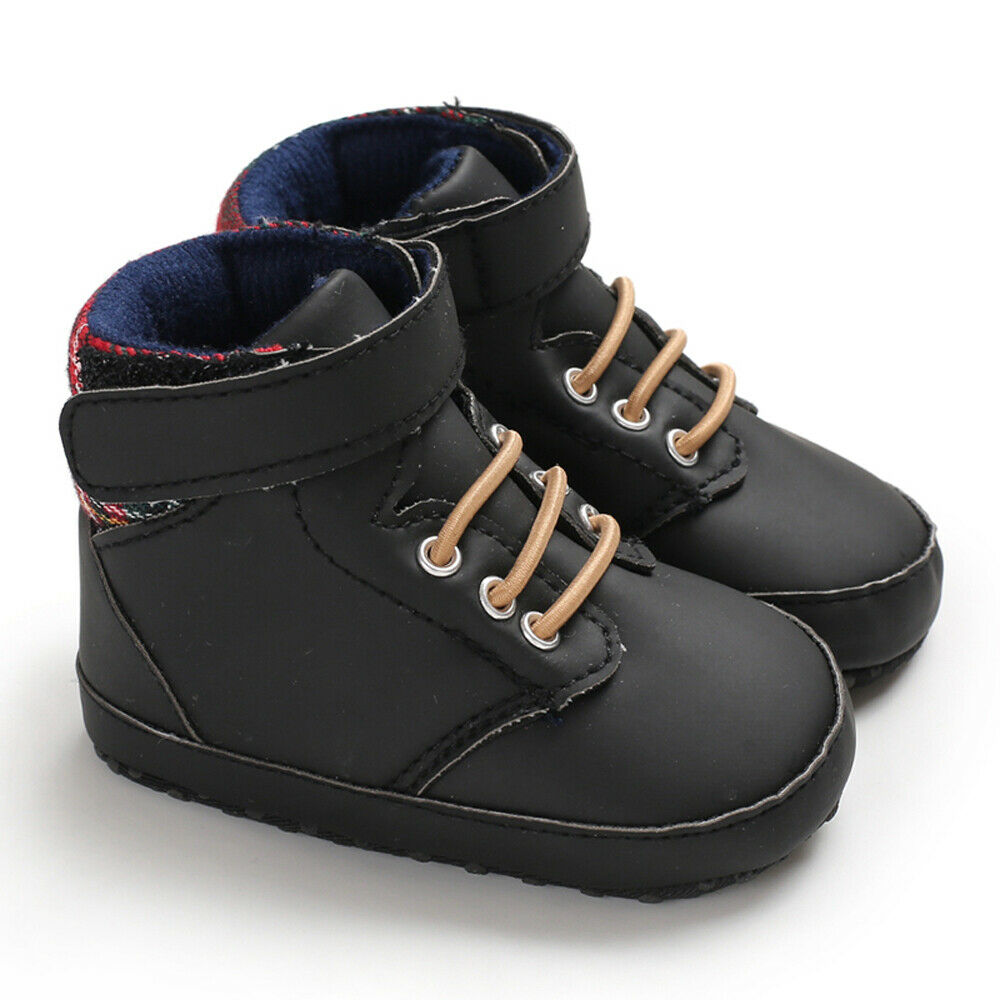 Mode Winter Peuter Meisjes Jongens Laarzen Lace-up Crib Schoenen PU Leer Plaid Pasgeboren Baby Prewalker Zachte Zool sneakers: Black / 0-6 months