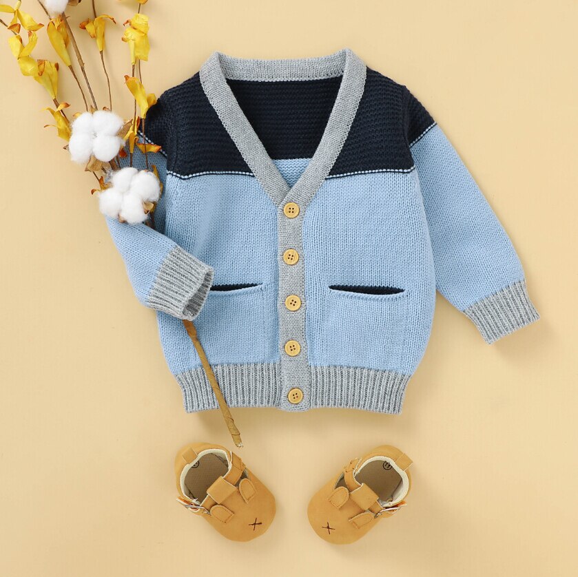 Emmababy Baby Boys Sweater Outfits Patchwork Long Sleeve Single Breasted Knit Jacket