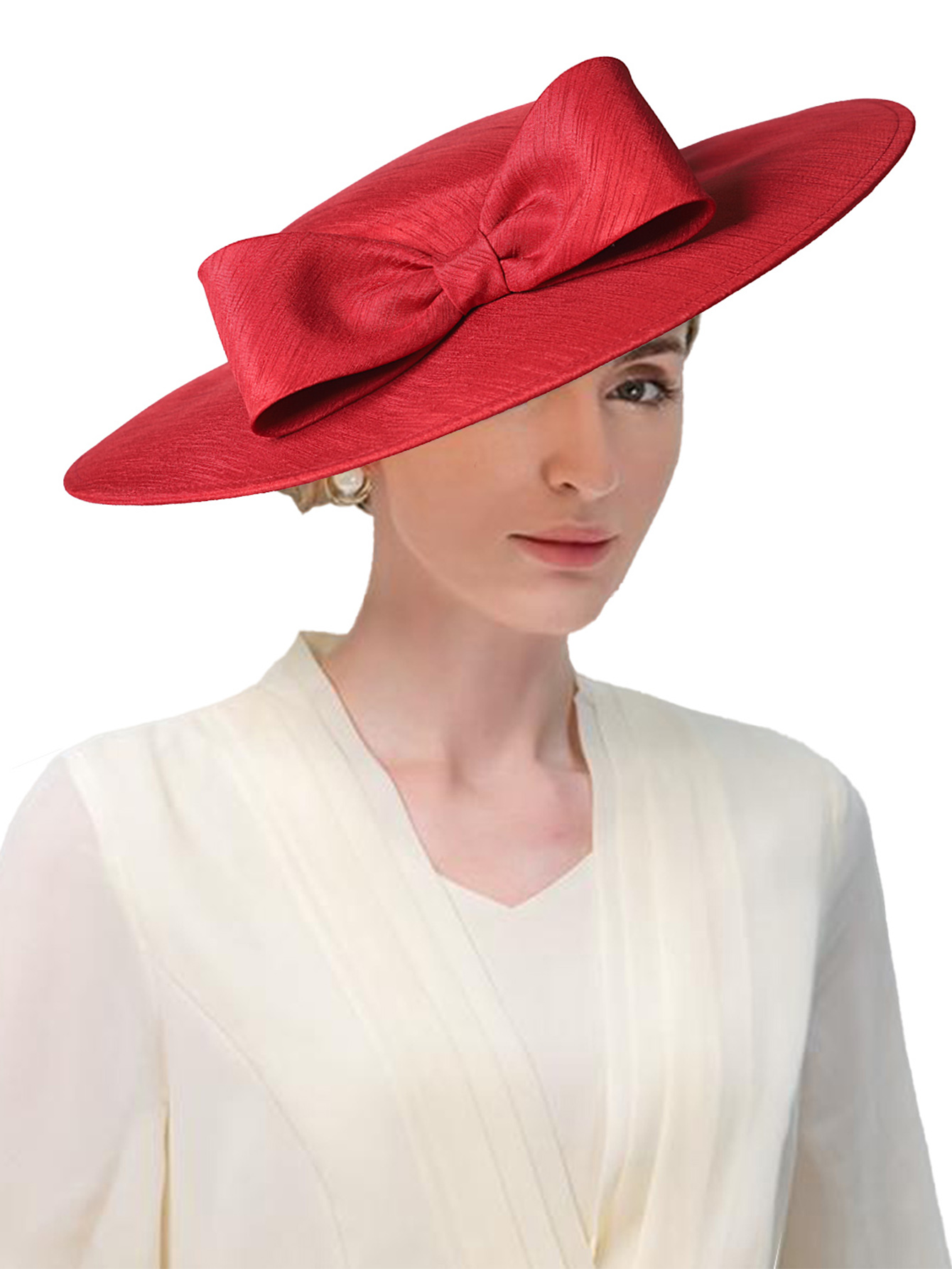 Tocados de ala ancha para iglesia, sombreros para mujer, lazo grande, gorra Formal de Kentucky, sombrero de fieltro plano para de té nupcial y boda: Granate