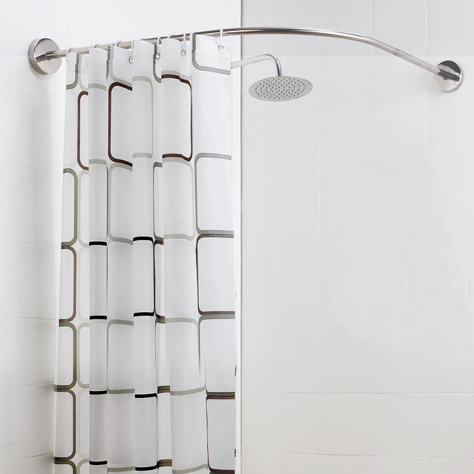 Bathroom Curved Shower Curtain Rod Without Punching l-Shaped Semi-u-Shaped Telescopic Shower Rod Stainless Steel Fan-shaped Rod