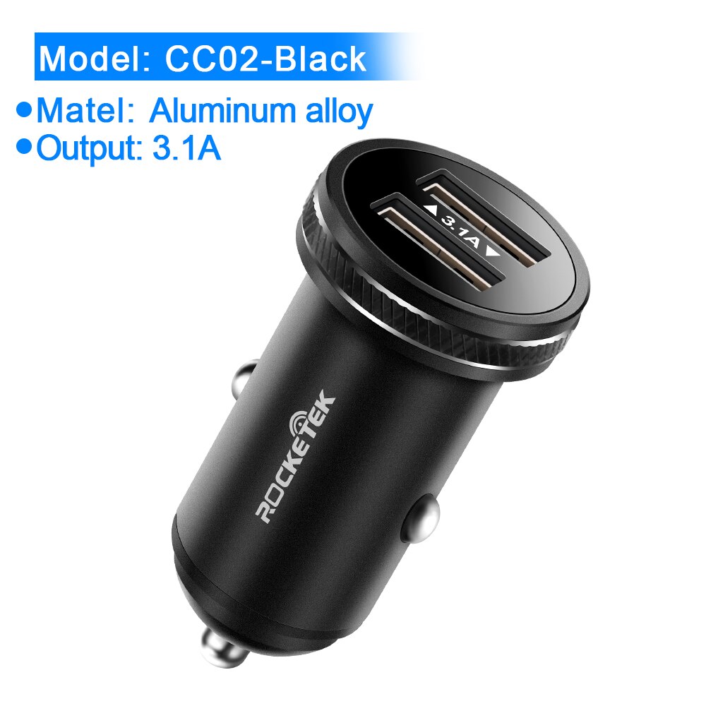 Rocketek Metal USB Car Charger For Mobile Phone Tablet GPS 3.1A Fast Charger Car-Charger Dual USB Car Phone Charger Adapter: CC02-Black