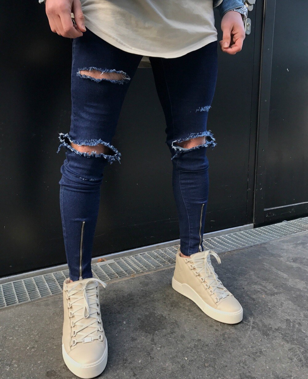 Straße Hiphop Männlichen schlank passen Jeans Männer Knie große See Denim Hosen Zerrissene Bettlern Punk gotisch Blau gewaschen Jeans kostümich