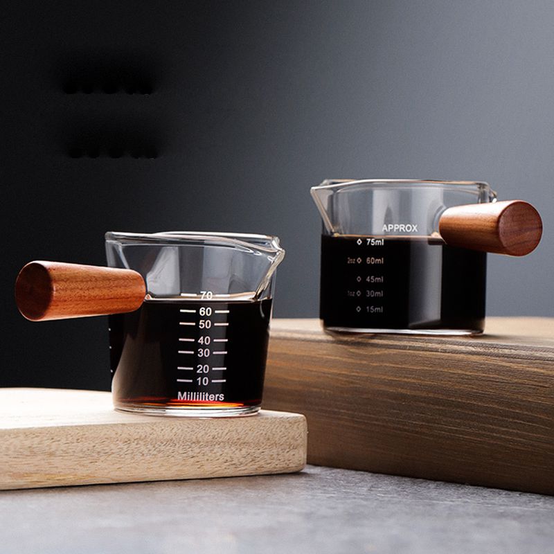 70/75ml hitzebeständigen Glas Espresso Messbecher Doppel Mund Glas Milch Krug Mit Holz Griff Glas skala Maßnahme Tassen