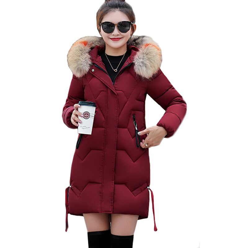 Winter Vrouwen Jas Dikke Warme Hooded Slim Down Katoenen Parka Bontkraag Gewatteerde Uitloper Jassen Lange Kleding Plus Size 3XL: Wine red / L