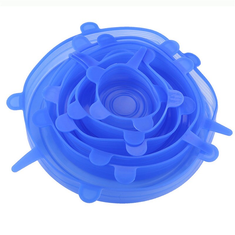 Tapas elásticas de silicona de 6 uds, tapas herméticas reutilizables para envolver alimentos, cubiertas para mantener el bol sellado fresco, cubiertas elásticas para envolver, utensilios de cocina: Blue