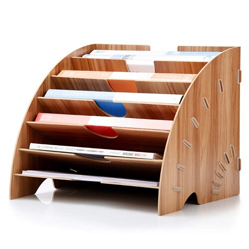 Files Rack Bookshelf Desktop Storage Box A4 File Holder Sector Wooden Multi-Layer Desk Sorting Rack Office Supply Organize Shelf: Deep-Brown