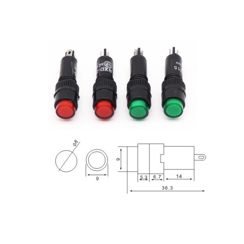 4 Pack LED Indicator Lights - 8mm Prewired, 220V, Red Blue Green Yellow