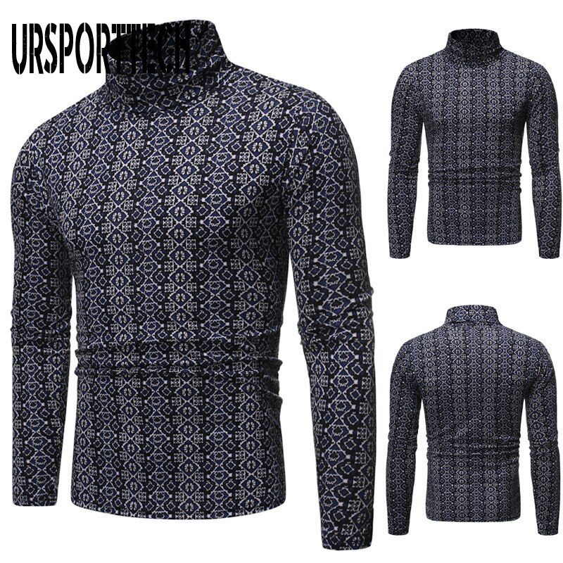 Autumn Winter Men's Clothing Basic Turtleneck Tshirt Slim Male Casual 3D Printed Long-sleeve T-shirt Men Underwear