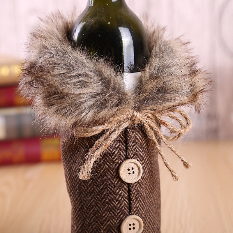 17*24Cm Linen Wine Bottle Covers With Fur Champagne Bottle Covers For Year Christmas Party Event Table Ornaments